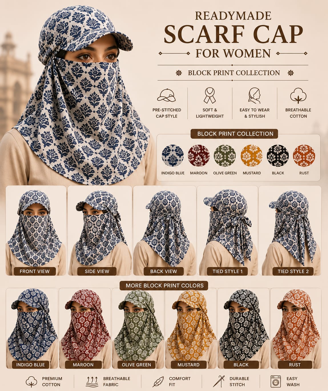Readymade bandhani print scarf cap for women in multiple colours